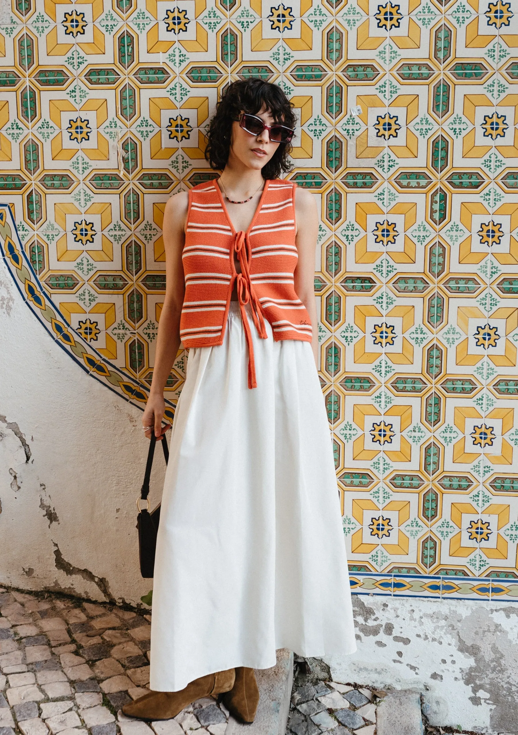 Cotton Knitted Vest in Tangerine Stripe