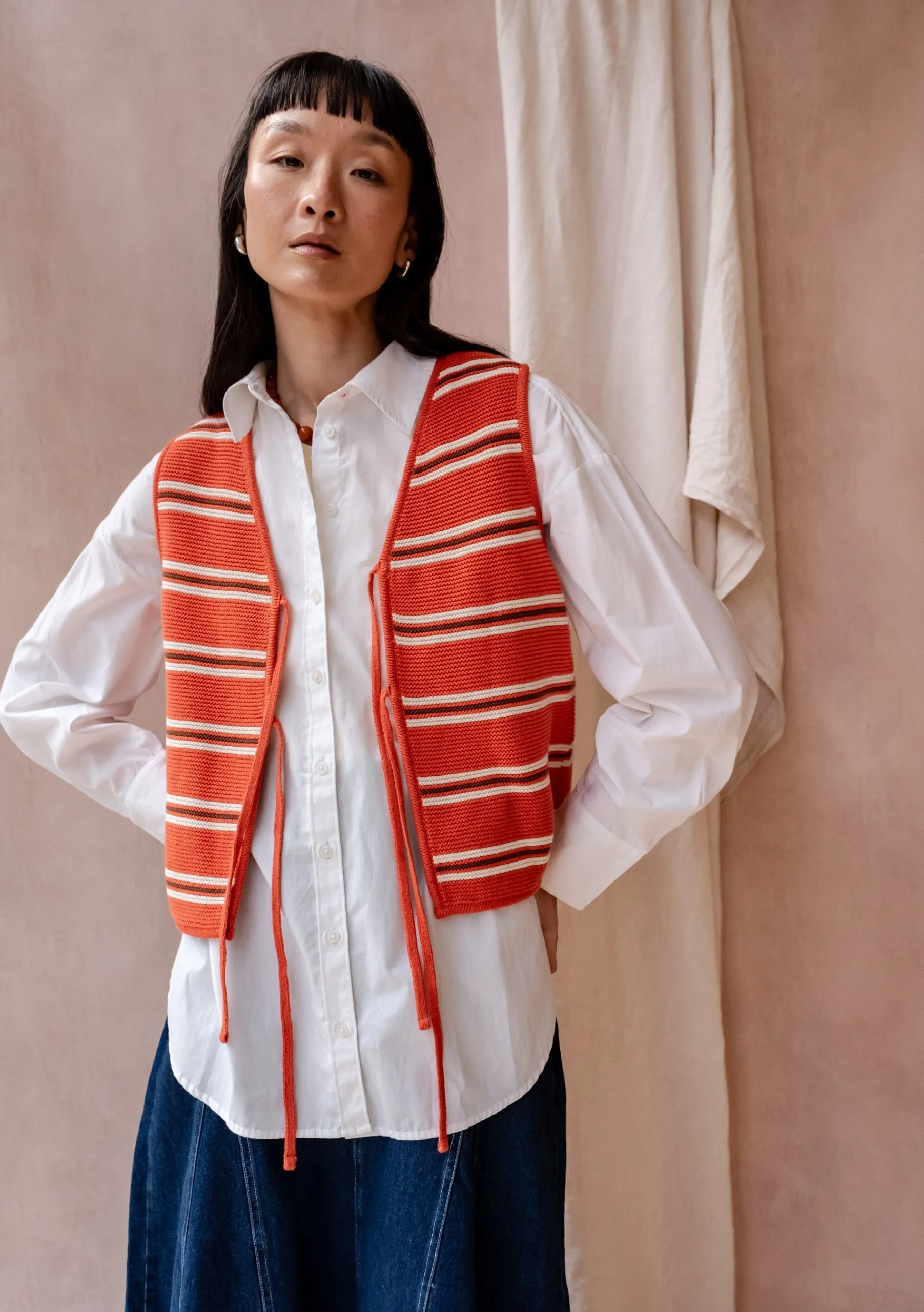 Cotton Knitted Vest in Tangerine Stripe