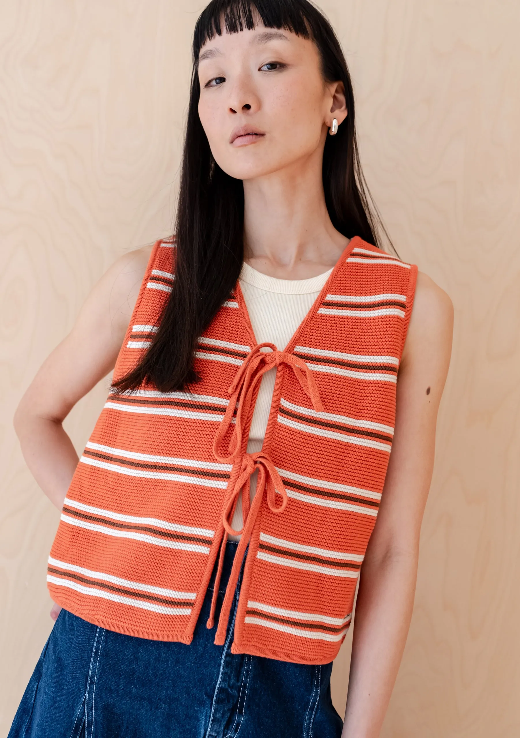 Cotton Knitted Vest in Tangerine Stripe