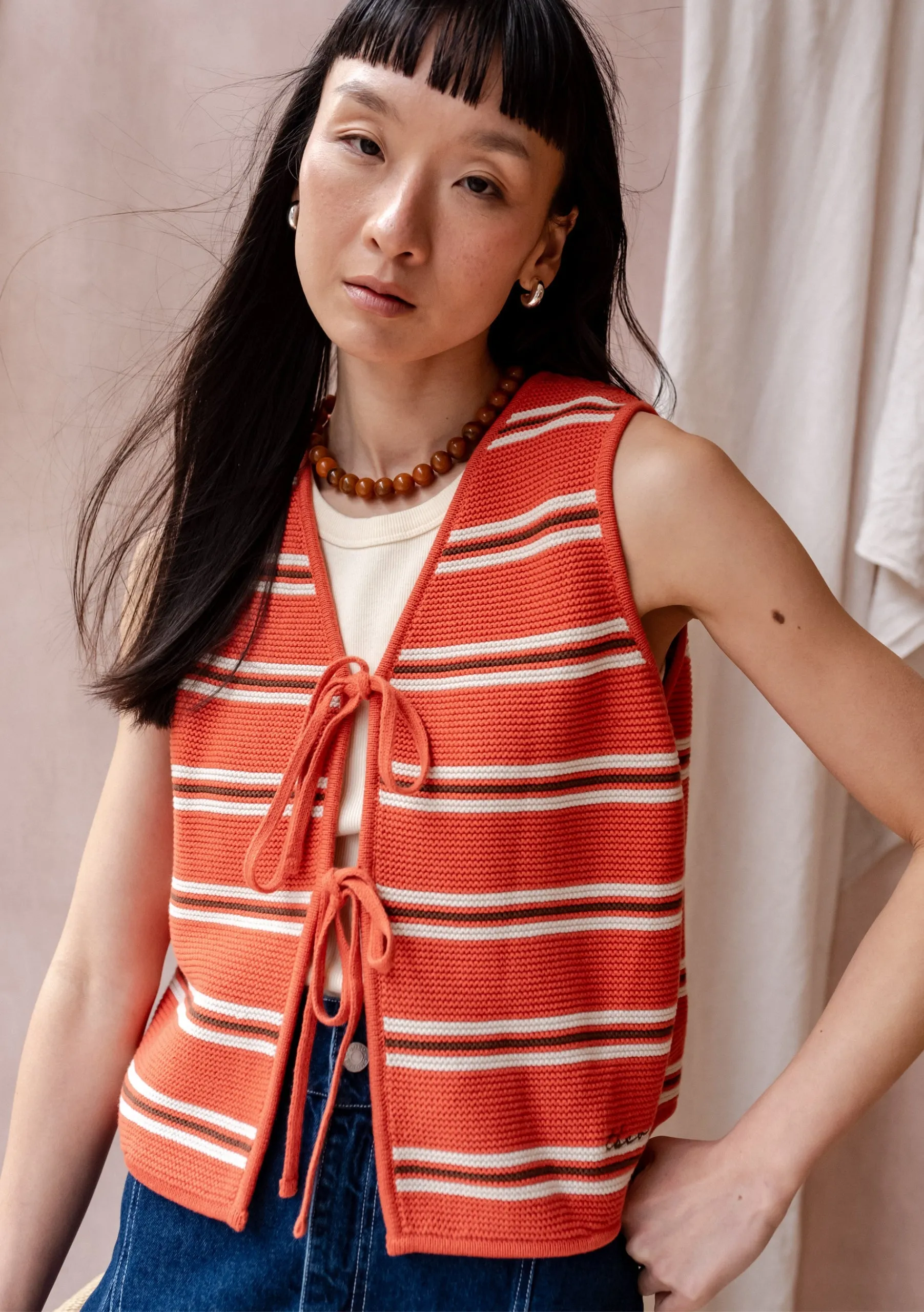 Cotton Knitted Vest in Tangerine Stripe
