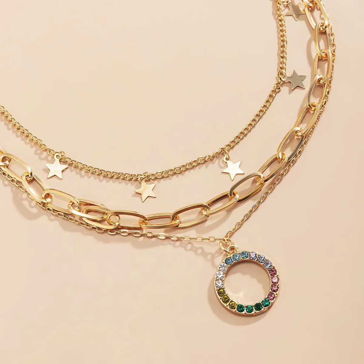 Cubic Zirconia & 18K Gold-Plated Star Circle Layered Pendant Necklace