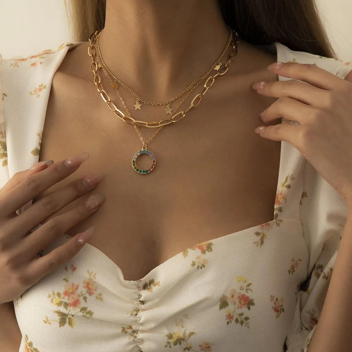 Cubic Zirconia & 18K Gold-Plated Star Circle Layered Pendant Necklace