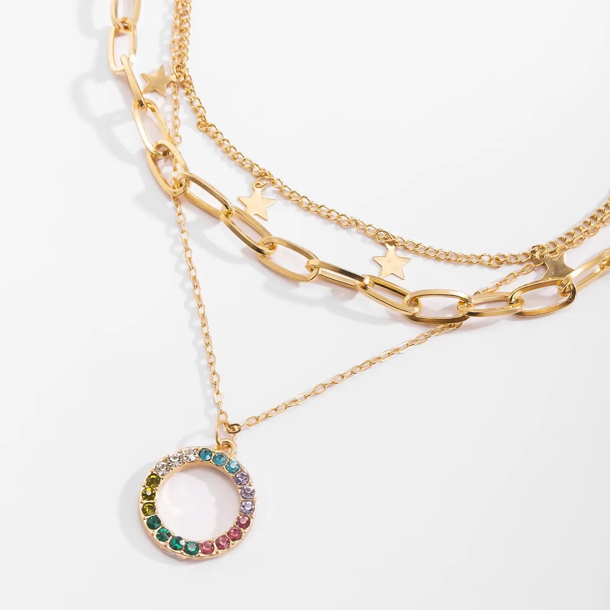 Cubic Zirconia & 18K Gold-Plated Star Circle Layered Pendant Necklace
