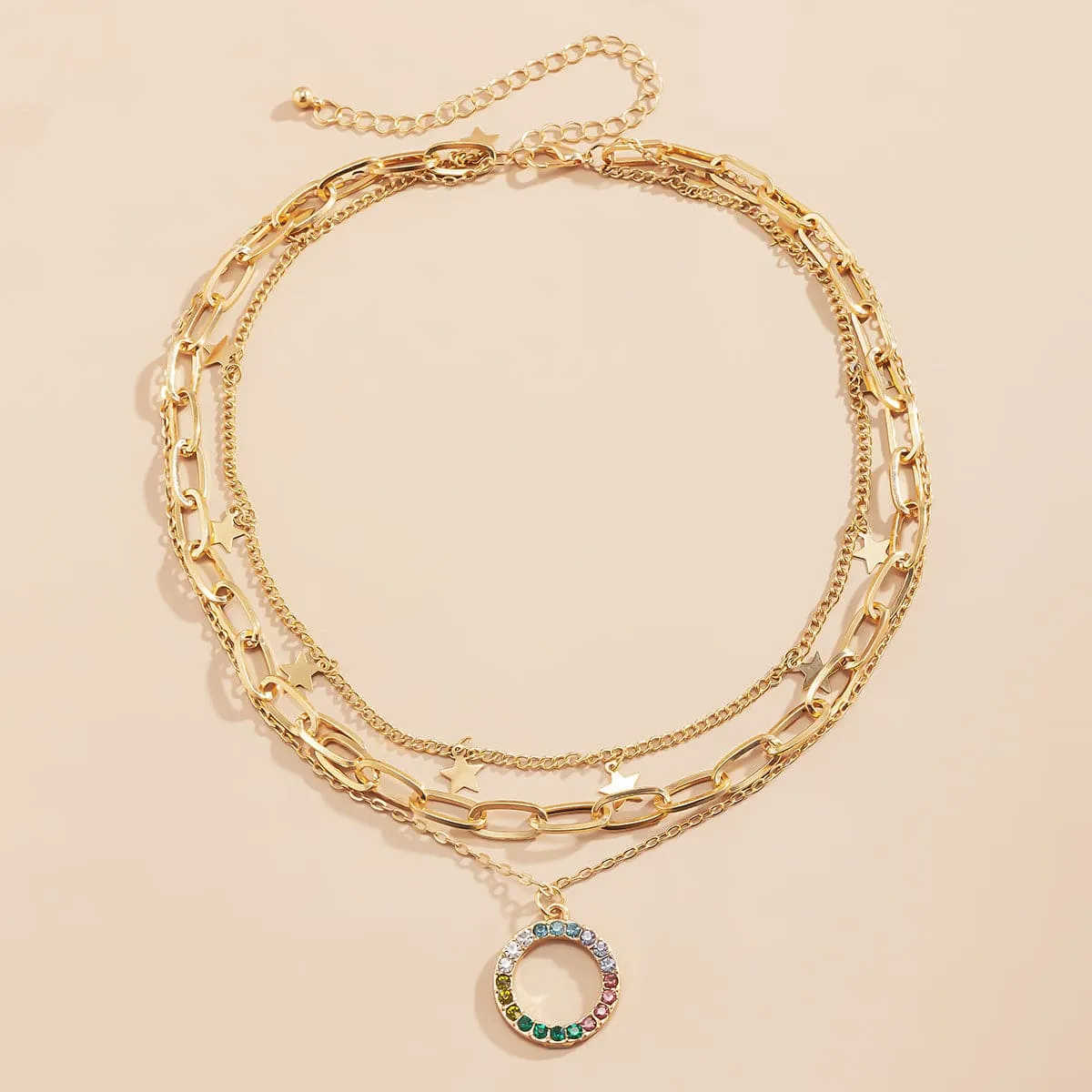 Cubic Zirconia & 18K Gold-Plated Star Circle Layered Pendant Necklace