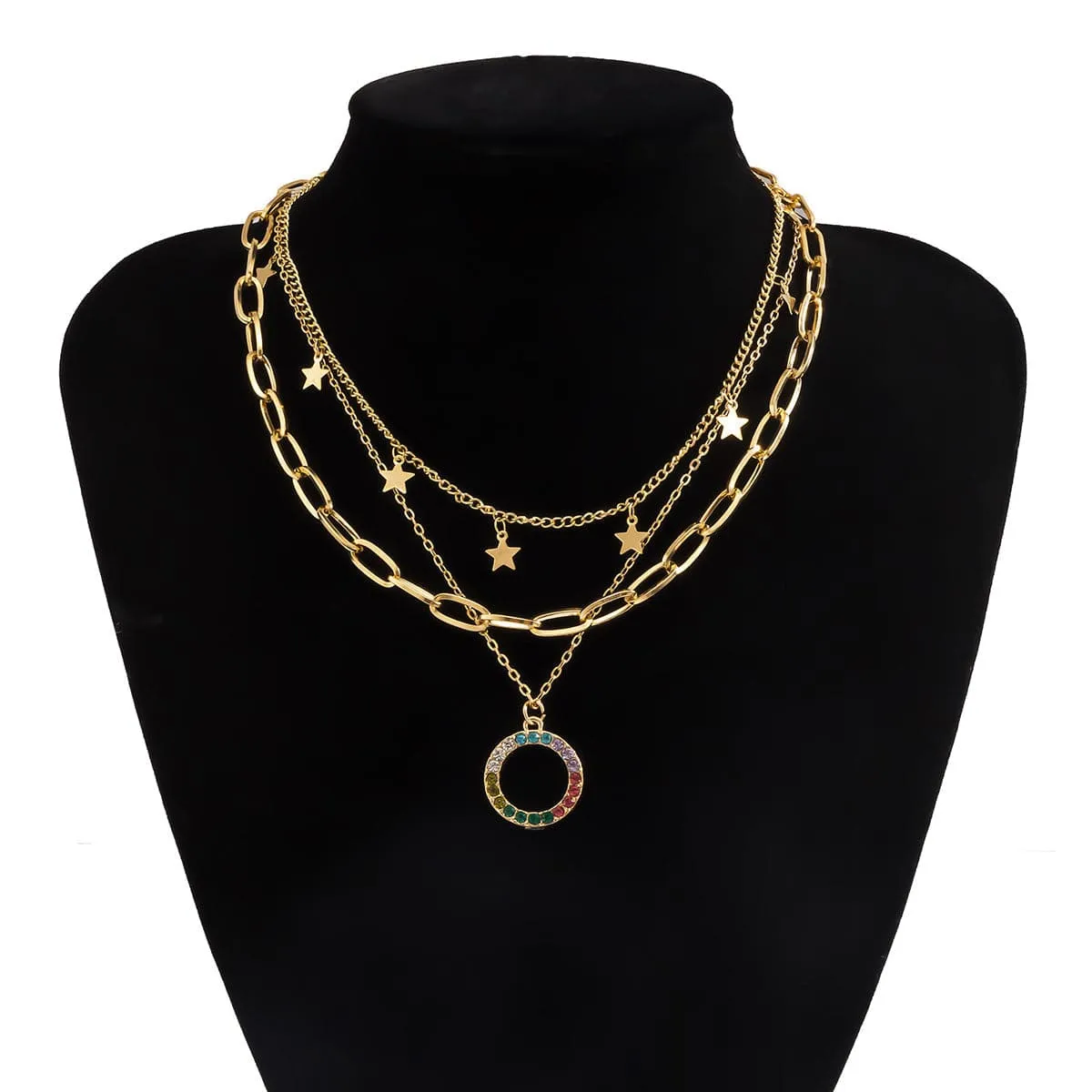 Cubic Zirconia & 18K Gold-Plated Star Circle Layered Pendant Necklace