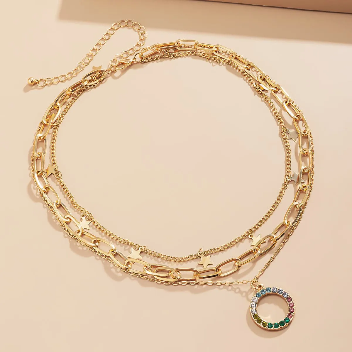 Cubic Zirconia & 18K Gold-Plated Star Circle Layered Pendant Necklace