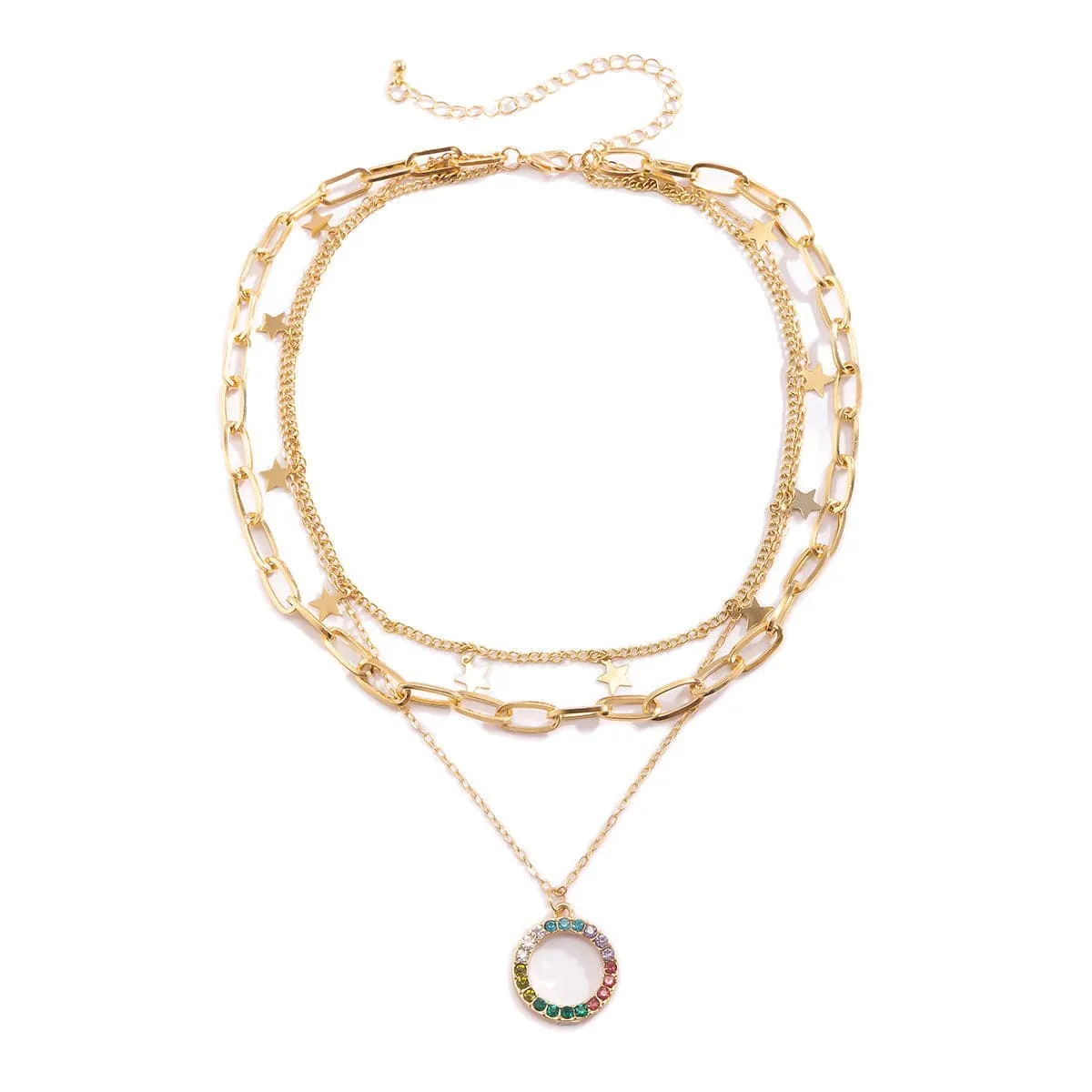 Cubic Zirconia & 18K Gold-Plated Star Circle Layered Pendant Necklace