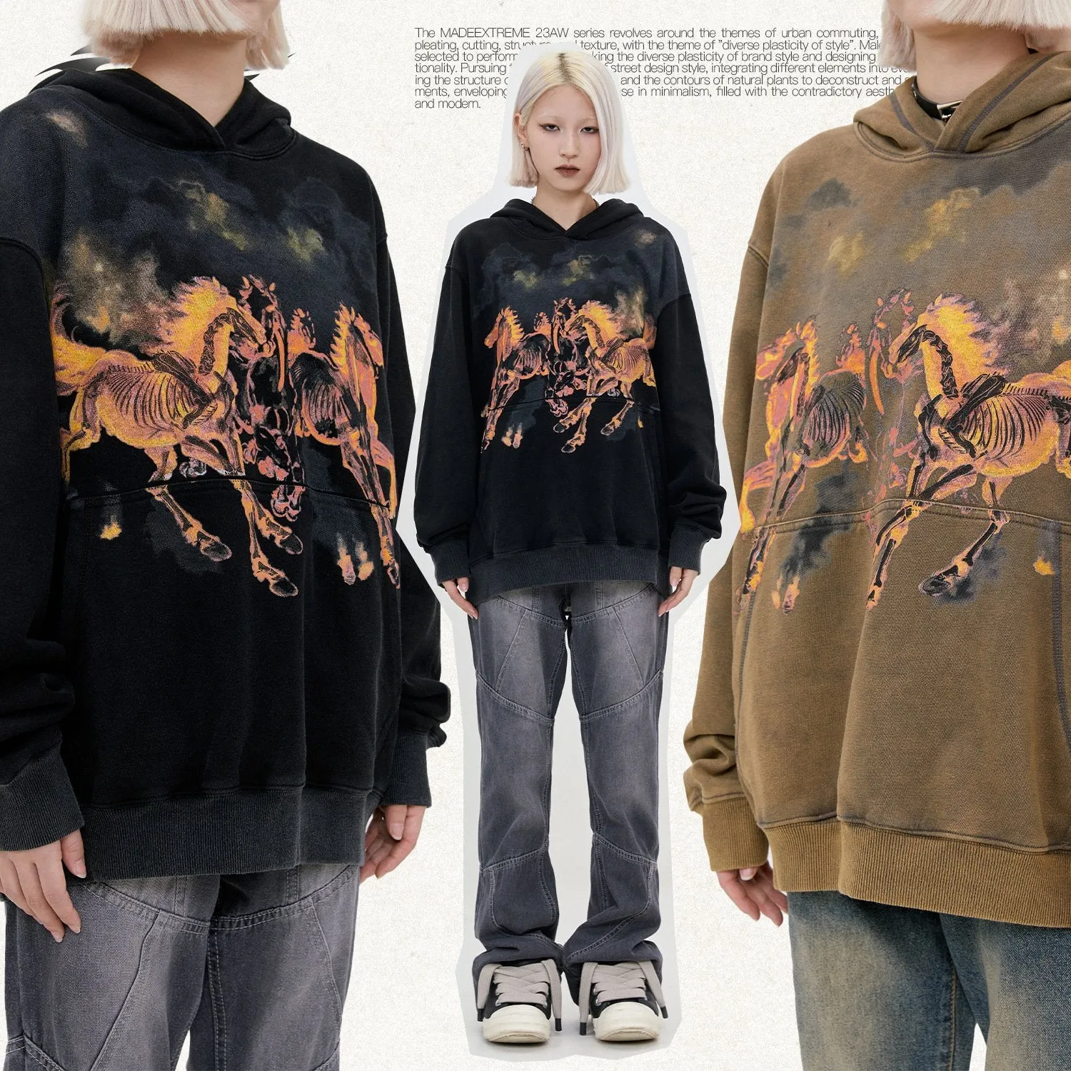 Early Autumn 400G American Street Tide Brand Men's Wash Water Old Flame Horse Printed Vests For Men And Women