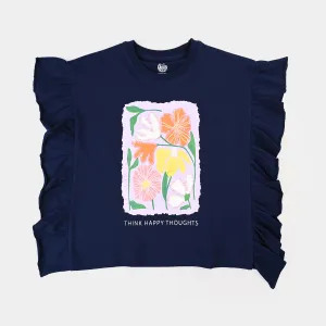Girls Cotton Jersey T-Shirt H/S Happy Thoughts-Navy Blue