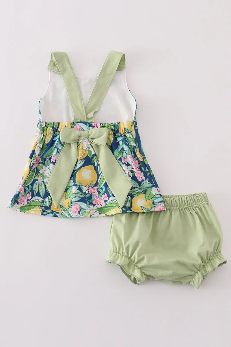 Greem Lemon Print Girl Bloomer Set