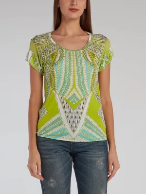 Green Printed Scoop Neck T-Shirt