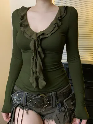 Green vintage mesh long-sleeved shirt