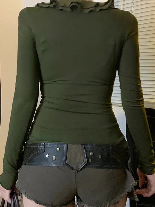 Green vintage mesh long-sleeved shirt