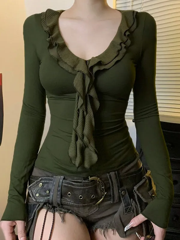 Green vintage mesh long-sleeved shirt