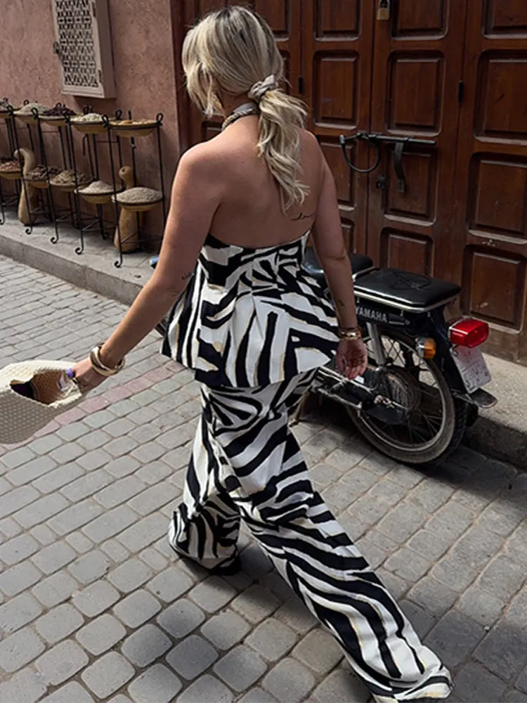 JazzHer Sexy Zebra Print Top Pants Sets For Women Halter Backless Slim Vests Wide Leg Long Pants Suits 2025 Summer Casual Beach Lady Set