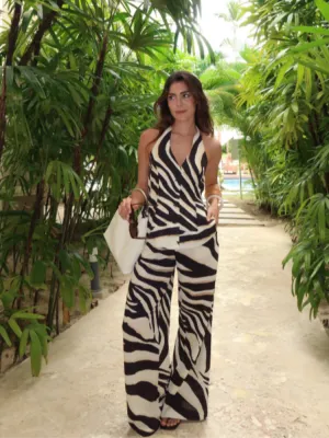 JazzHer Sexy Zebra Print Top Pants Sets For Women Halter Backless Slim Vests Wide Leg Long Pants Suits 2025 Summer Casual Beach Lady Set