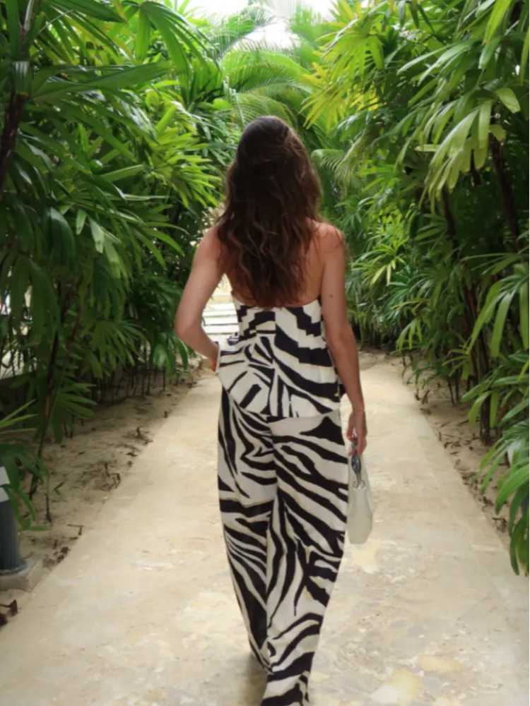 JazzHer Sexy Zebra Print Top Pants Sets For Women Halter Backless Slim Vests Wide Leg Long Pants Suits 2025 Summer Casual Beach Lady Set