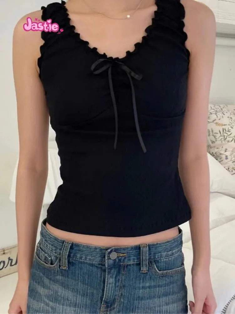 JazzHer Vintage Ruffles V Neck Tank Tops Women Summer Retro Solid Sleeveless Slim Y2k Crop Top Female Sweet Cute Cotton Bow Vests 2025