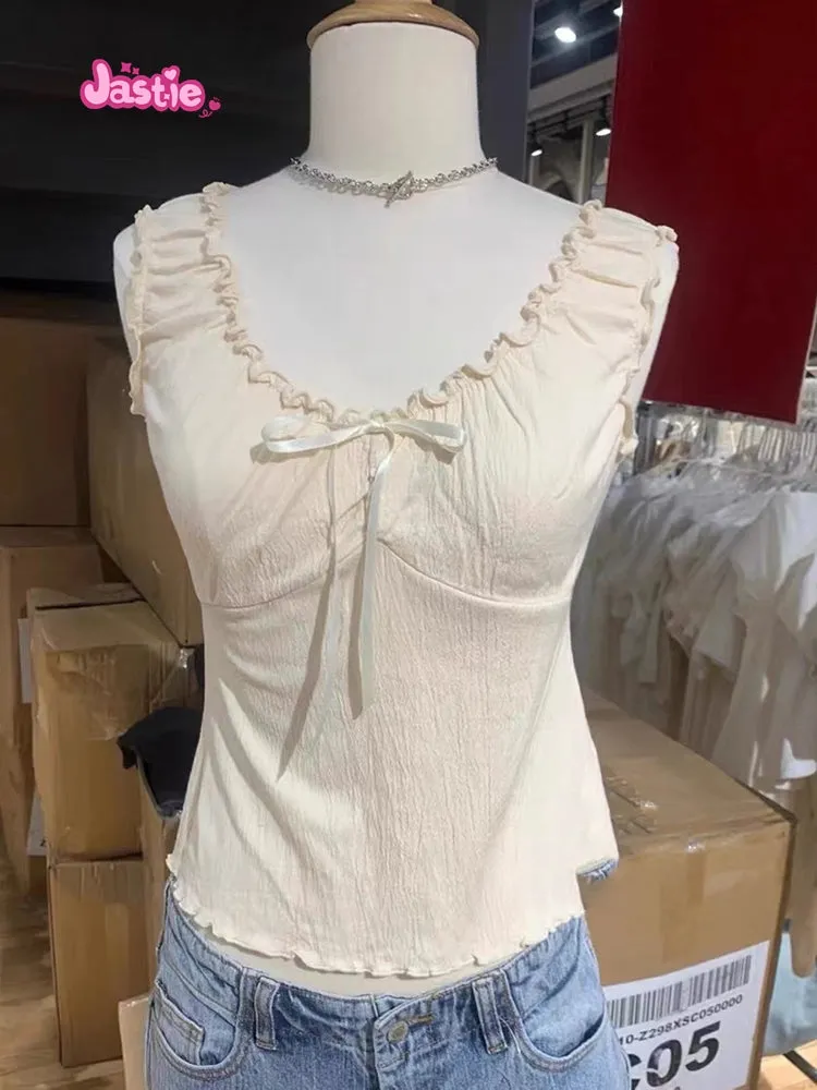 JazzHer Vintage Ruffles V Neck Tank Tops Women Summer Retro Solid Sleeveless Slim Y2k Crop Top Female Sweet Cute Cotton Bow Vests 2025