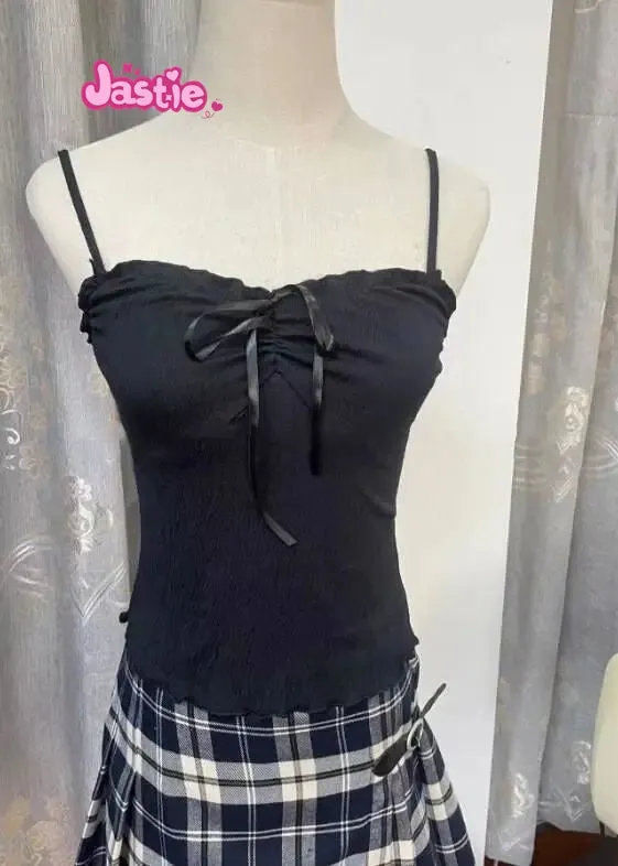 JazzHer Vintage Ruffles V Neck Tank Tops Women Summer Retro Solid Sleeveless Slim Y2k Crop Top Female Sweet Cute Cotton Bow Vests 2025
