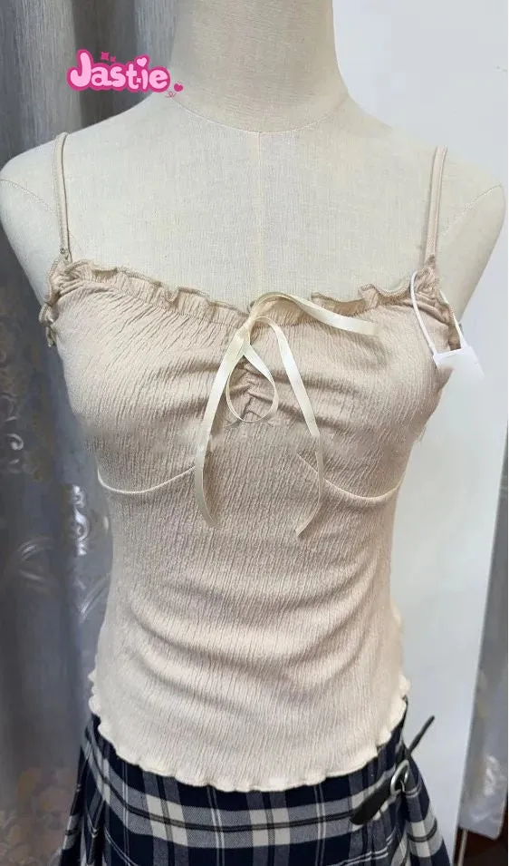 JazzHer Vintage Ruffles V Neck Tank Tops Women Summer Retro Solid Sleeveless Slim Y2k Crop Top Female Sweet Cute Cotton Bow Vests 2025