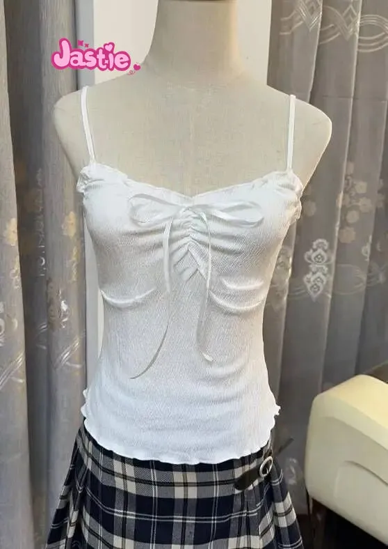 JazzHer Vintage Ruffles V Neck Tank Tops Women Summer Retro Solid Sleeveless Slim Y2k Crop Top Female Sweet Cute Cotton Bow Vests 2025
