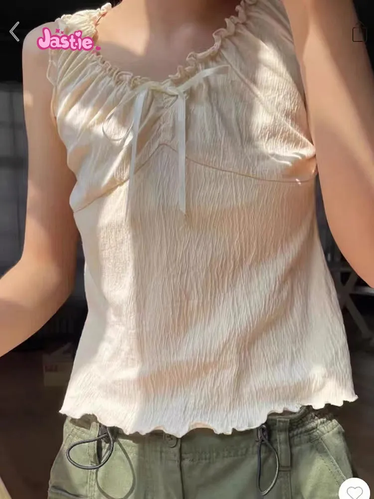 JazzHer Vintage Ruffles V Neck Tank Tops Women Summer Retro Solid Sleeveless Slim Y2k Crop Top Female Sweet Cute Cotton Bow Vests 2025