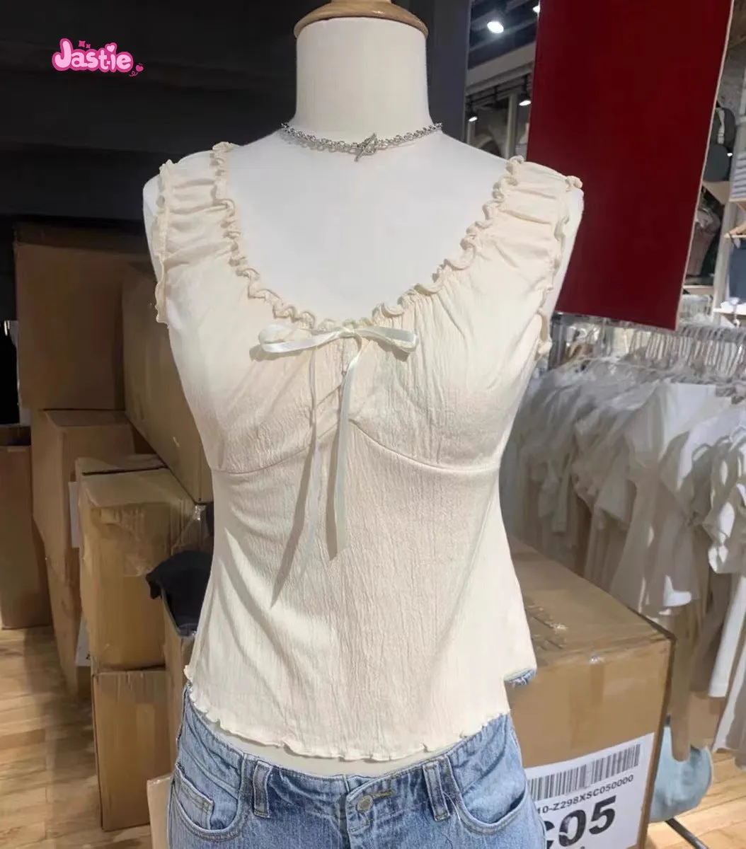JazzHer Vintage Ruffles V Neck Tank Tops Women Summer Retro Solid Sleeveless Slim Y2k Crop Top Female Sweet Cute Cotton Bow Vests 2025