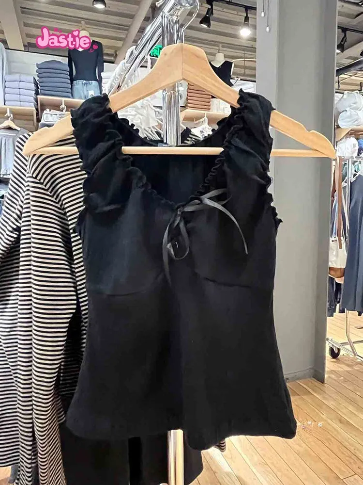 JazzHer Vintage Ruffles V Neck Tank Tops Women Summer Retro Solid Sleeveless Slim Y2k Crop Top Female Sweet Cute Cotton Bow Vests 2025