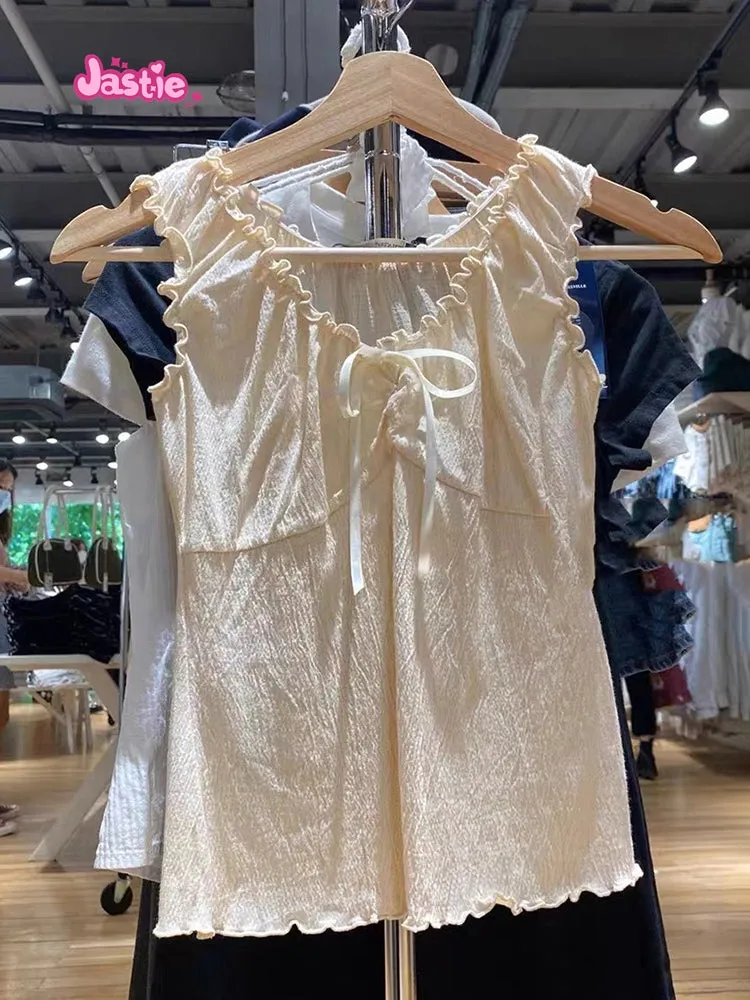 JazzHer Vintage Ruffles V Neck Tank Tops Women Summer Retro Solid Sleeveless Slim Y2k Crop Top Female Sweet Cute Cotton Bow Vests 2025