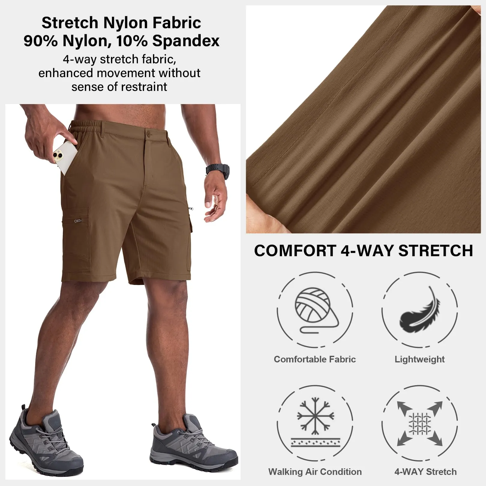 Jessie Kidden Mens Outdoor Casual Expandable Waist Lightweight Water Resistant Quick Dry Fishing Hiking Shorts (6222 Coffee 29)