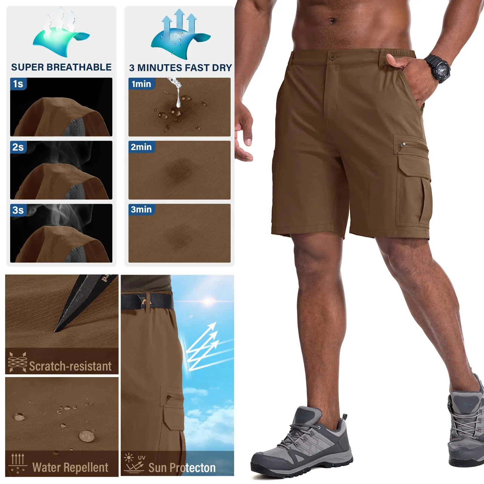 Jessie Kidden Mens Outdoor Casual Expandable Waist Lightweight Water Resistant Quick Dry Fishing Hiking Shorts (6222 Coffee 29)