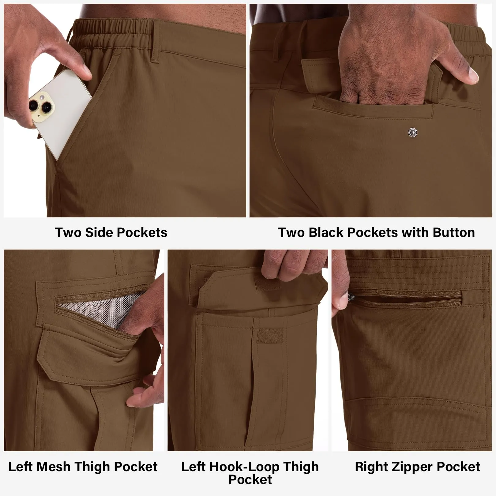 Jessie Kidden Mens Outdoor Casual Expandable Waist Lightweight Water Resistant Quick Dry Fishing Hiking Shorts (6222 Coffee 29)