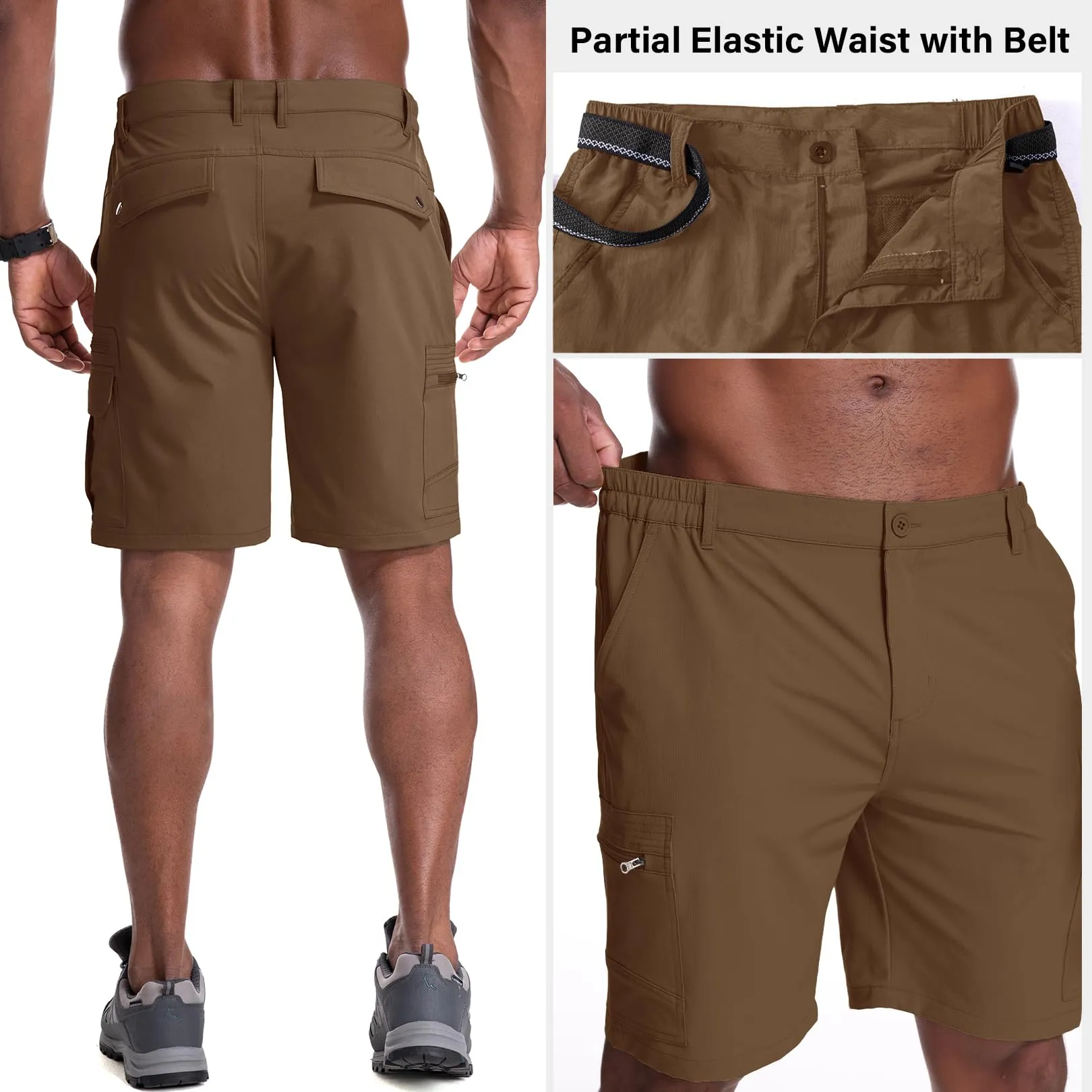 Jessie Kidden Mens Outdoor Casual Expandable Waist Lightweight Water Resistant Quick Dry Fishing Hiking Shorts (6222 Coffee 29)