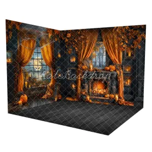 Kate Halloween Night Bat Orange Curtain Black Window Room Set