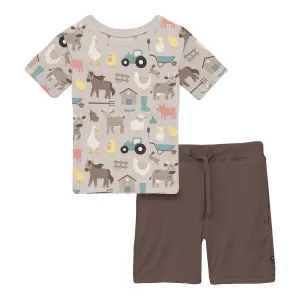 KicKee - Short Sleeve Crew Neck Tee    Drawstring Short - Latte Morning on the Farm
