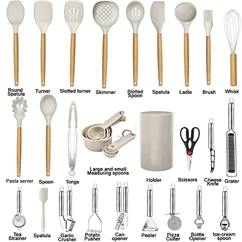 Kitchen Utensils Set - 35 PCs Cooking Utensils with Grater, Tongs, Spoon Spatula & Turner Made of Heat Resistant Food Grade Silicone and Wooden Handles Kitchen Gadgets Tools Set for Nonstick Cookware