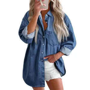 New 2024 Casual Fashionable Denim Shirts Wild Pockets Korean Style Autumn Summer Women'S Blouses Minimalist Lady Tops