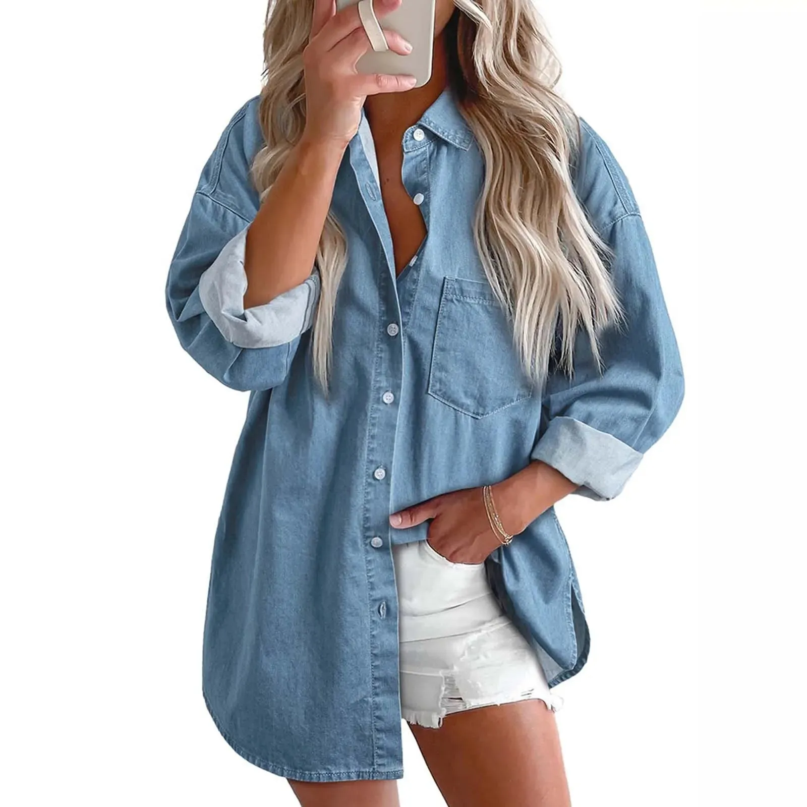 New 2024 Casual Fashionable Denim Shirts Wild Pockets Korean Style Autumn Summer Women'S Blouses Minimalist Lady Tops
