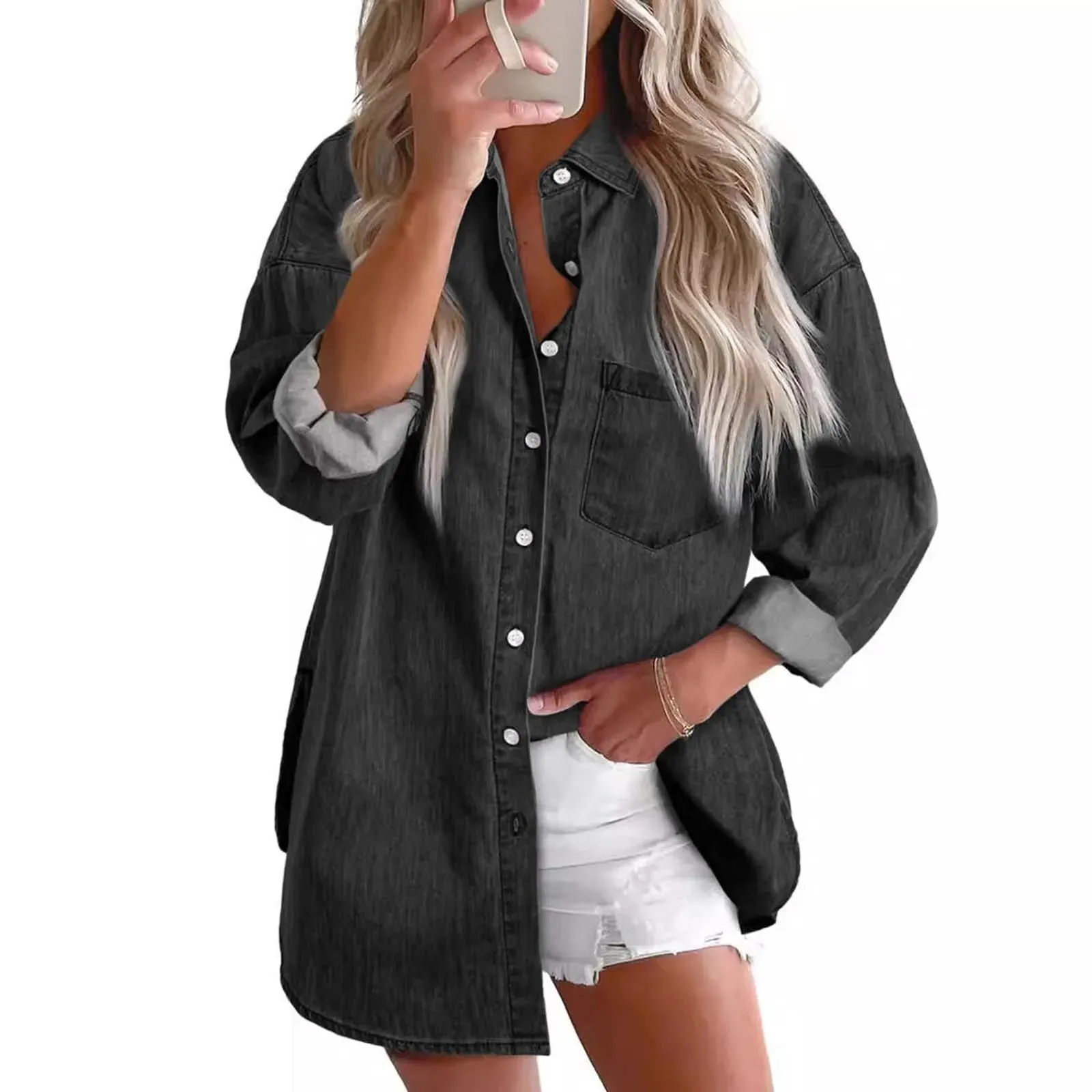 New 2024 Casual Fashionable Denim Shirts Wild Pockets Korean Style Autumn Summer Women'S Blouses Minimalist Lady Tops
