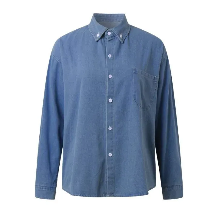 New 2024 Casual Fashionable Denim Shirts Wild Pockets Korean Style Autumn Summer Women'S Blouses Minimalist Lady Tops