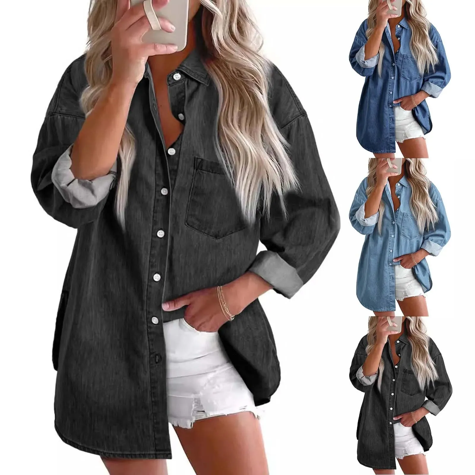 New 2024 Casual Fashionable Denim Shirts Wild Pockets Korean Style Autumn Summer Women'S Blouses Minimalist Lady Tops