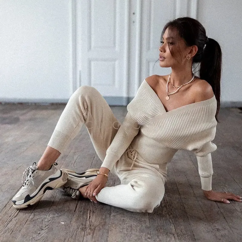 Off Shoulder Knitted Two Piece Set women