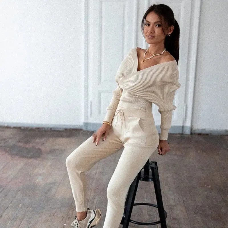 Off Shoulder Knitted Two Piece Set women