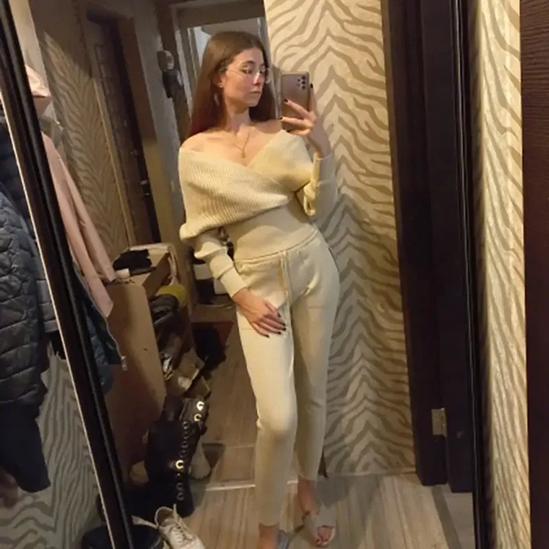 Off Shoulder Knitted Two Piece Set women