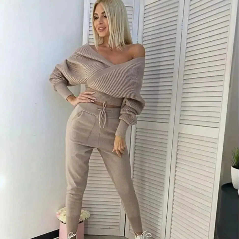 Off Shoulder Knitted Two Piece Set women