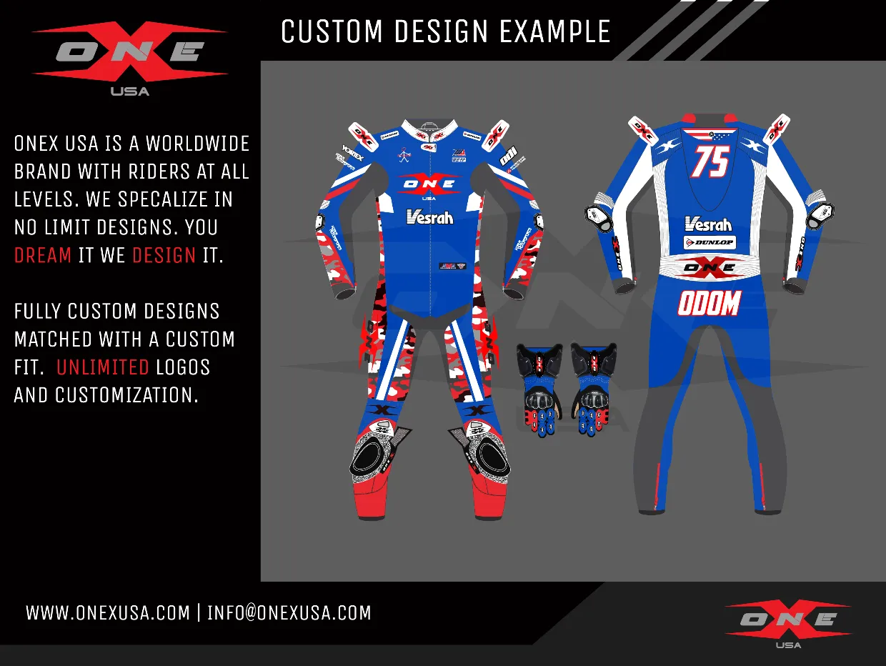 OneX USA Pro Race Custom One-Piece Leather Suit & Custom Gloves