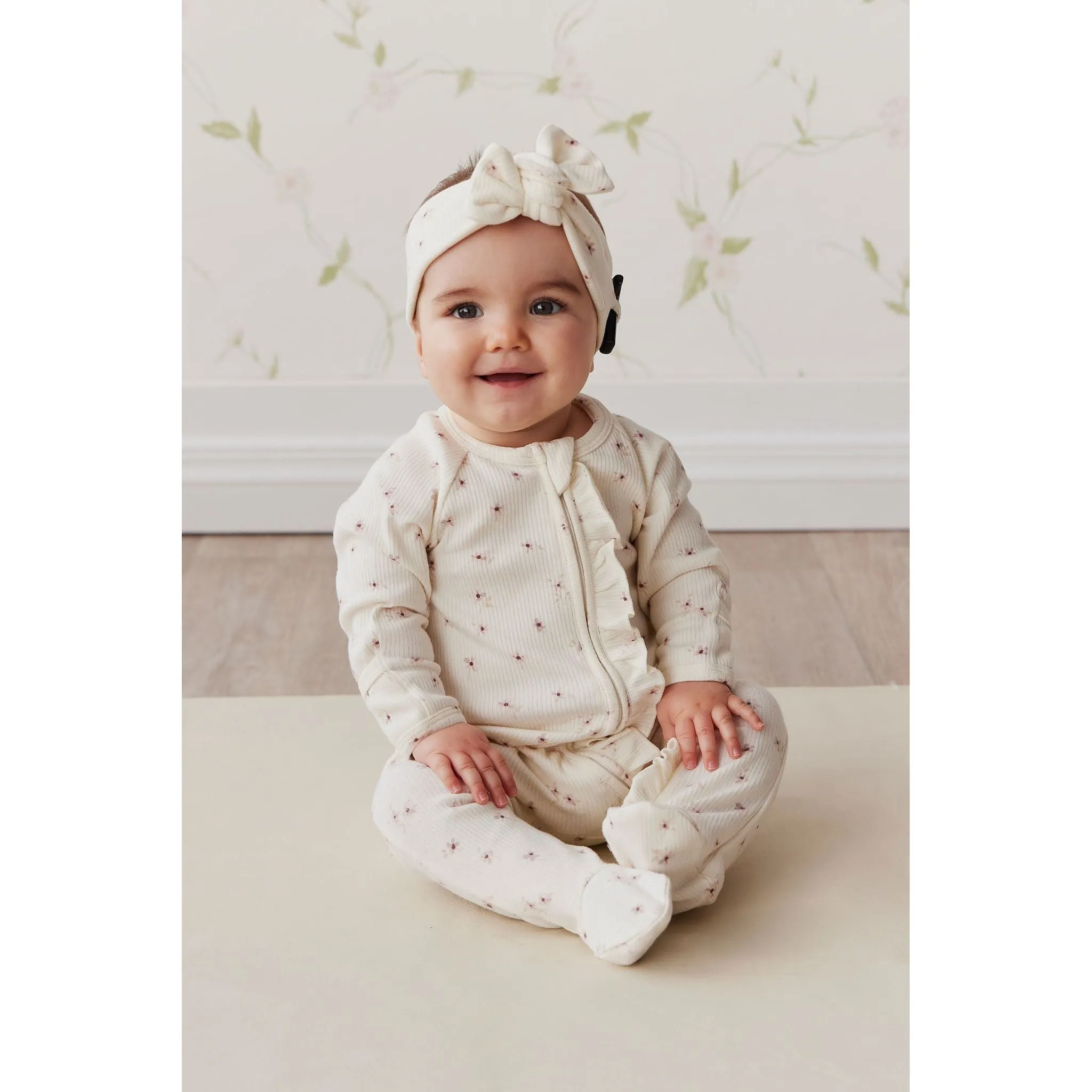 Organic Cotton Fine Rib Melanie Zip Onepiece - Simple Flowers Egret
