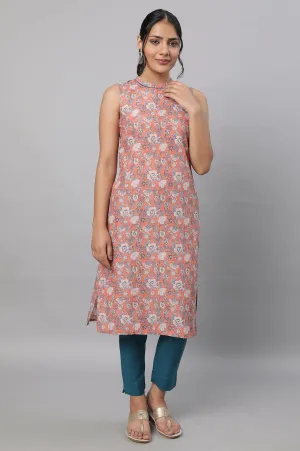Peach Sleeveless Floral kurta & Trousers Set