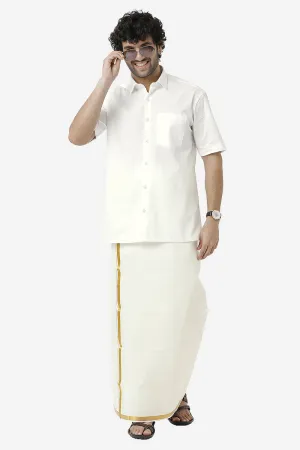 Premium - Cream Shirt And Leo Gold Jari Double Layered Dhoti Set For Men | Uathayam